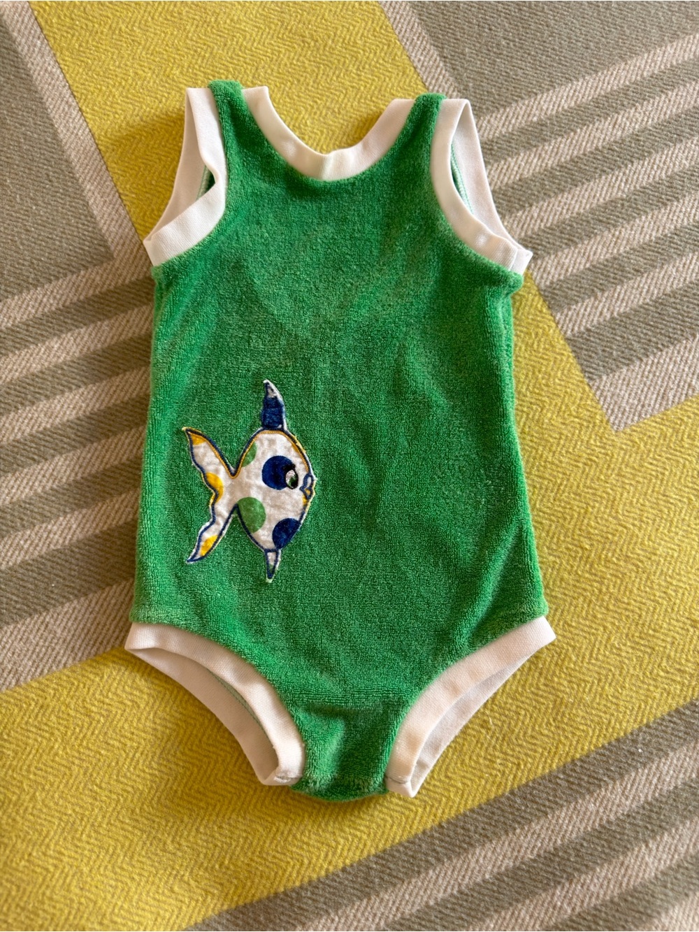 Vintage Green Terry One-Piece Swimsuit/playsuit with Fish Applique - Kids
